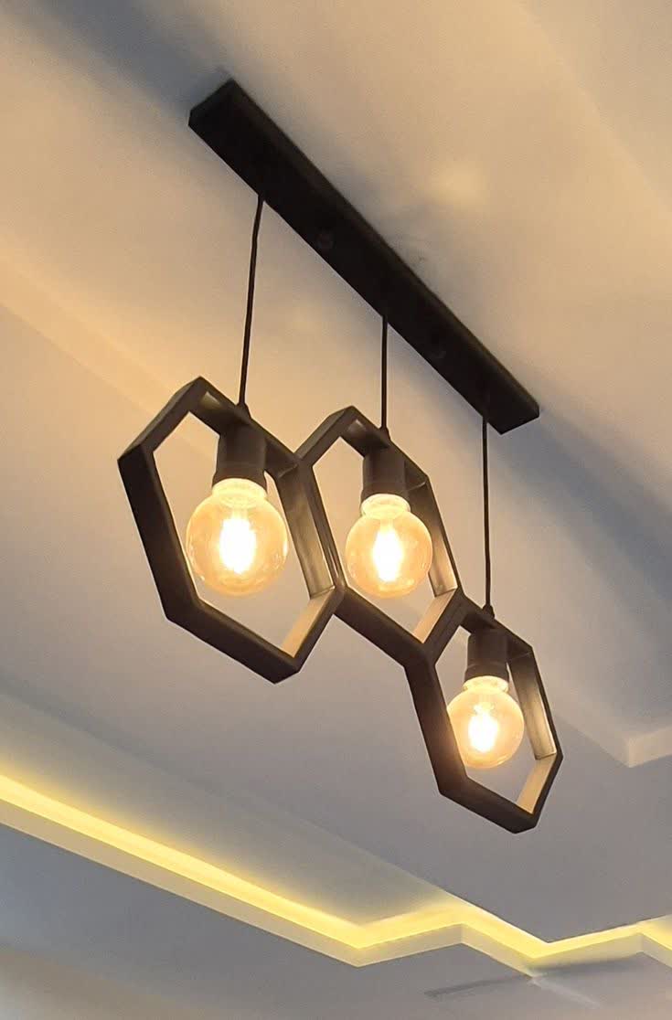 لوستر چوبی سه شعله مدل هندسی